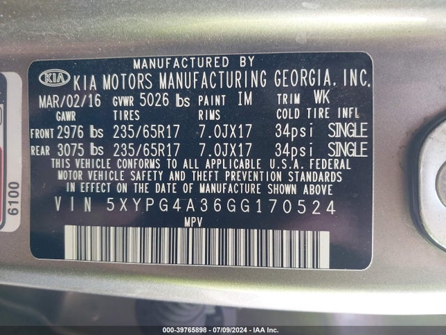 KIA Sorento 2.4l Lx 2016 5XYPG4A36GG170524 Image 9