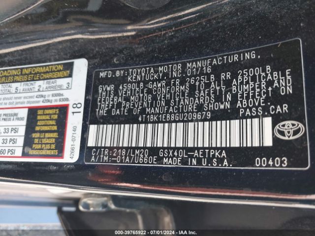 4T1BK1EB8GU209679 Toyota AVALON LIMITED