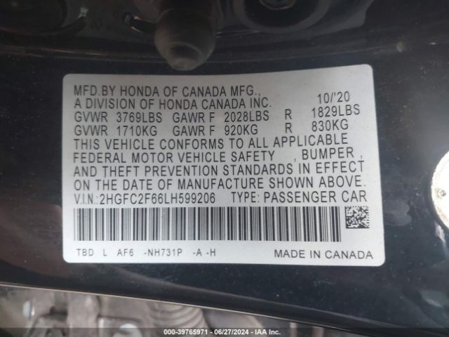 2HGFC2F66LH599206 Honda Civic Lx