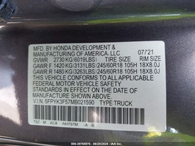 5FPYK3F57MB021590 Honda Ridgeline Awd Rtl