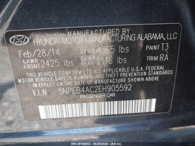 5NPEB4AC2EH905592 Hyundai SONATA GLS
