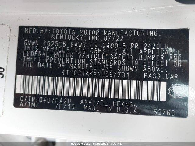 Toyota Camry Le Hybrid 2022 4T1C31AKXNU597731 Image 9