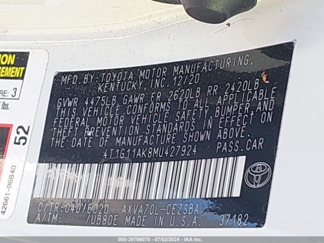 4T1G11AK8MU427924 Toyota Camry Se Nightshade Edition