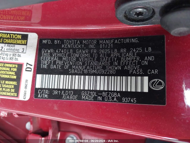 Lexus ES 350 2021 58ADZ1B19MU092280 Image 9