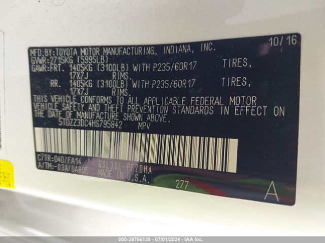 5TDZZ3DC4HS795842 Toyota Sienna L 7 Passenger