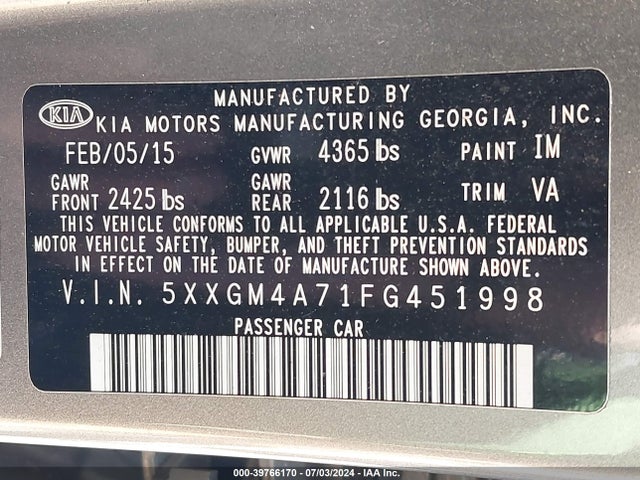 KIA Optima Lx 2015 5XXGM4A71FG451998 Image 9