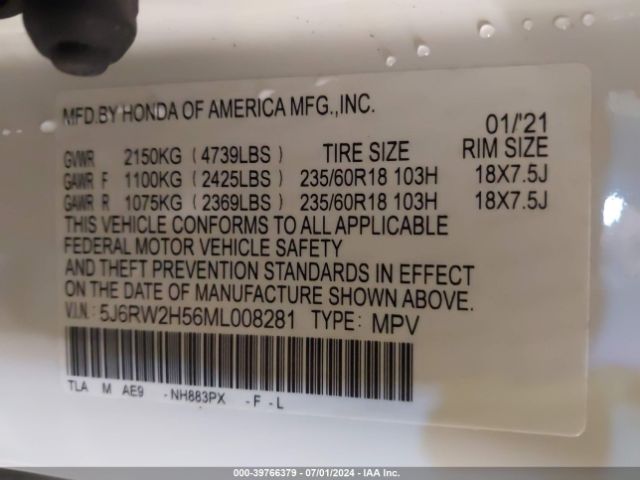5J6RW2H56ML008281 Honda Cr-v Awd Ex
