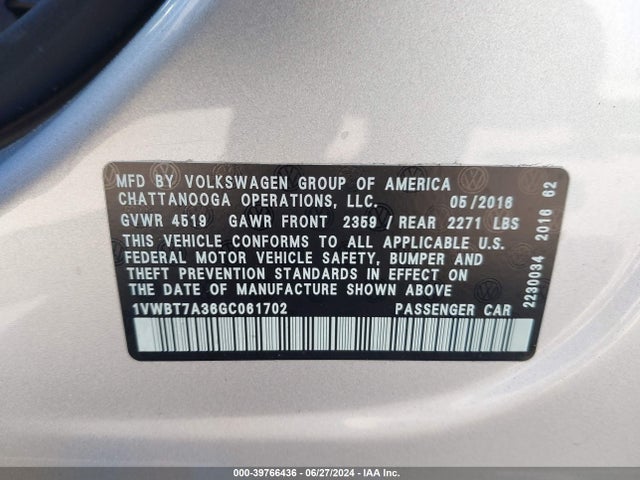 1VWBT7A36GC061702 Volkswagen Passat 1.8t Se