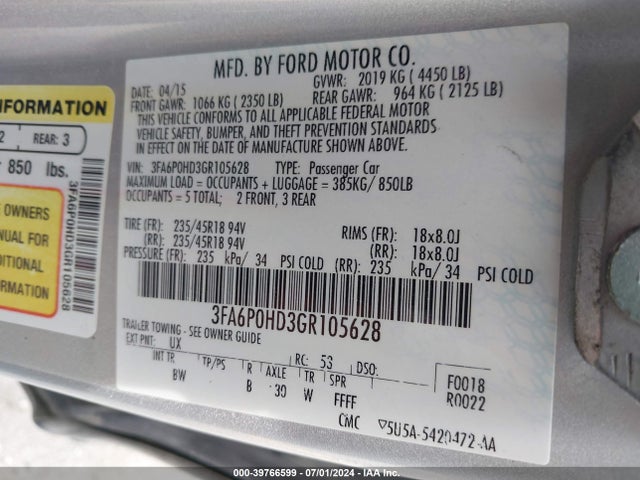 Ford FUSION SE 2016 3FA6P0HD3GR105628 Image 9