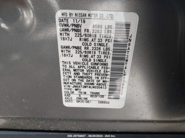 JN8AT2MT4LW030412 Nissan Rogue Sv Fwd