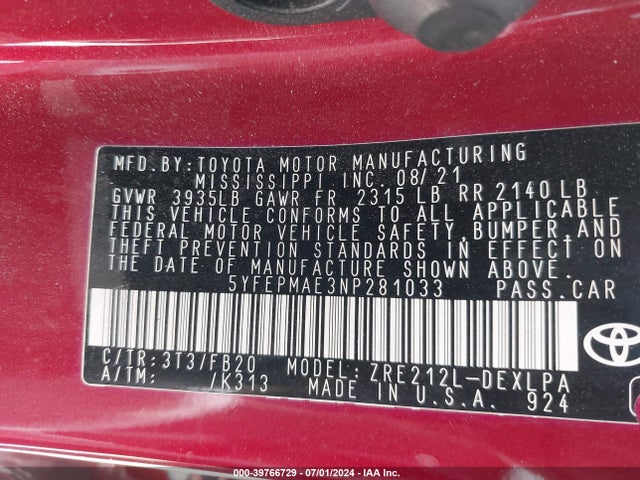 Toyota COROLLA LE 2022 5YFEPMAE3NP281033 Image 9