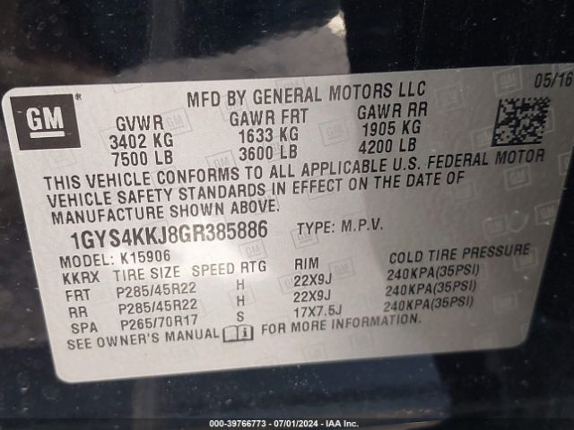 1GYS4KKJ8GR385886 Cadillac Escalade Esv Platinum