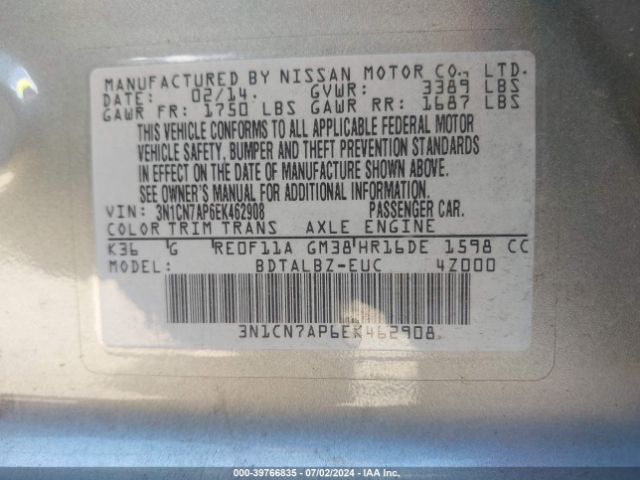3N1CN7AP6EK462908 Nissan Versa 1.6 Sv