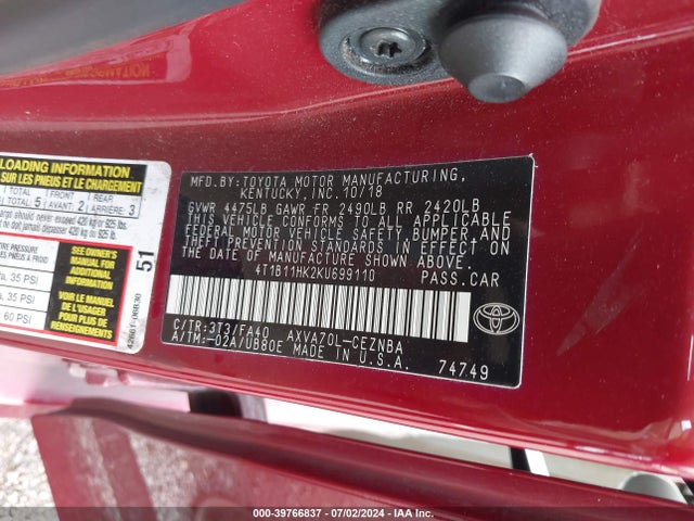 Toyota CAMRY LE 2019 4T1B11HK2KU699110 Image 9