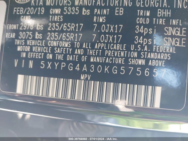 5XYPG4A30KG575657 KIA Sorento 2.4l Lx