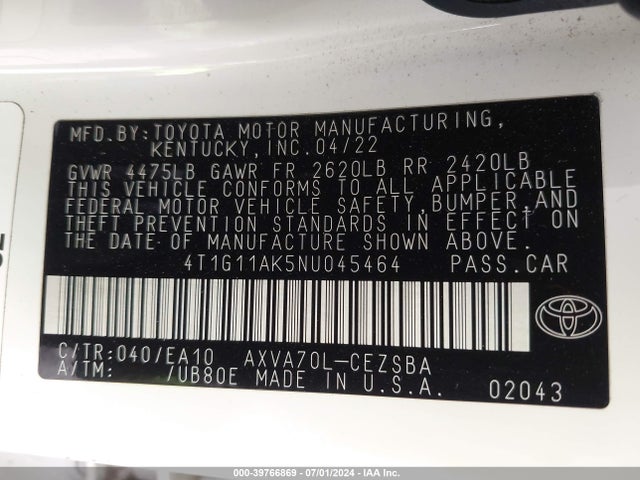 Toyota CAMRY SE 2022 4T1G11AK5NU045464 Image 9