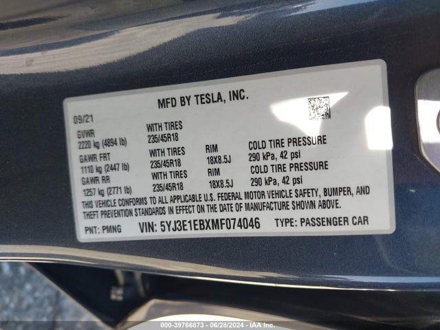 Tesla Model 3 Long Range Dual Motor All-wheel Drive 2021 5YJ3E1EBXMF074046 Image 9