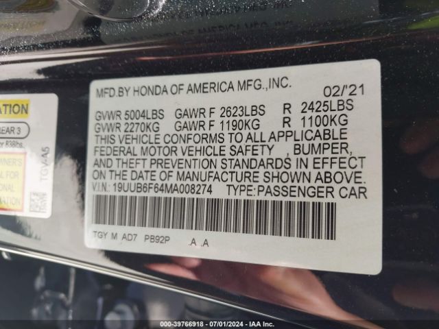 19UUB6F64MA008274 Acura Tlx Advance Package