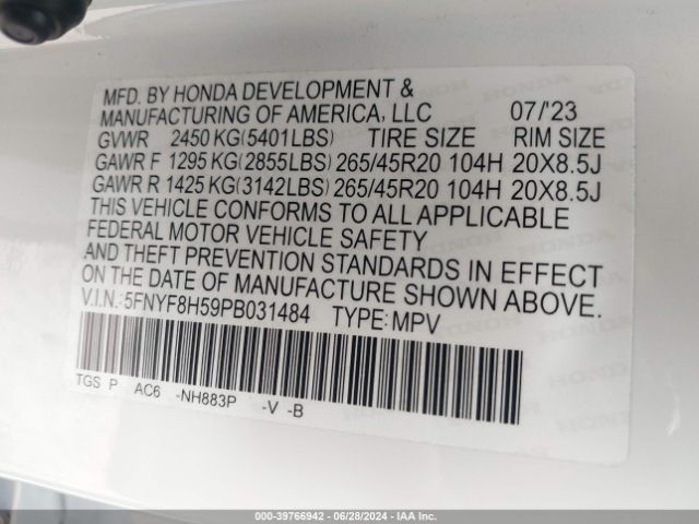 5FNYF8H59PB031484 Honda Passport Awd Ex-l
