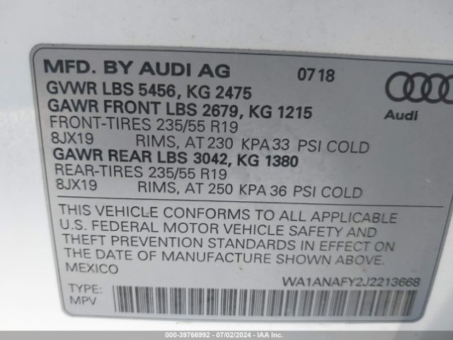 WA1ANAFY2J2213668 Audi Q5 2.0t Premium/2.0t Tech Premium