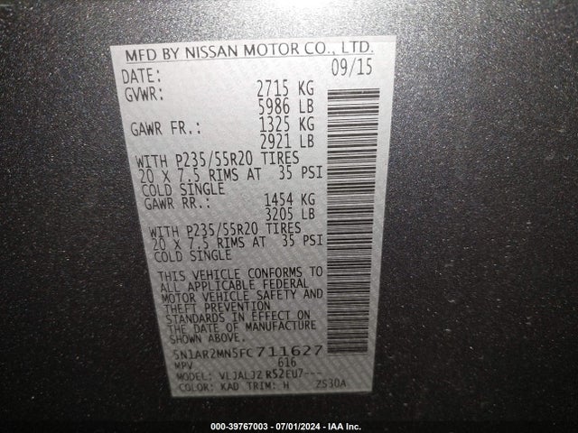 Nissan Pathfinder Platinum 2015 5N1AR2MN5FC711627 Image 9