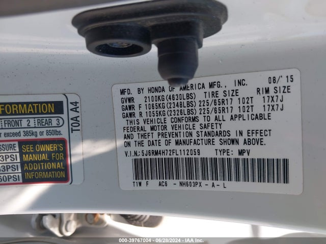 Honda Cr-v Ex-l 2015 5J6RM4H72FL112059 Image 9