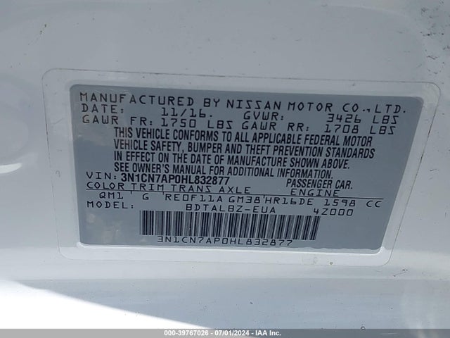 Nissan Versa 1.6 Sv 2017 3N1CN7AP0HL832877 Image 9