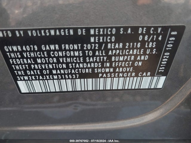 Volkswagen Jetta 2.0l S 2014 3VW2K7AJXEM315537 Image 9