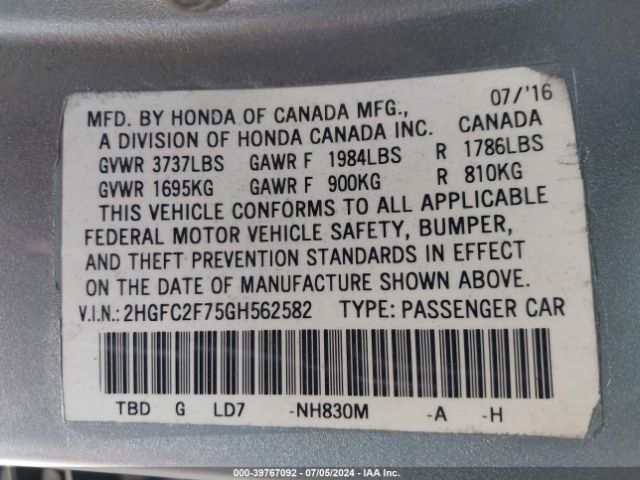 2HGFC2F75GH562582 Honda CIVIC EX
