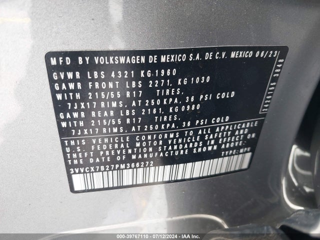 3VVCX7B27PM366272 Volkswagen Taos 1.5t S
