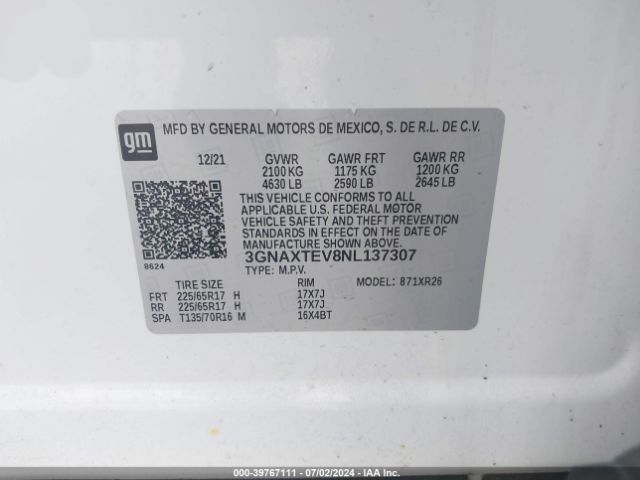 3GNAXTEV8NL137307 Chevrolet Equinox Awd 2fl