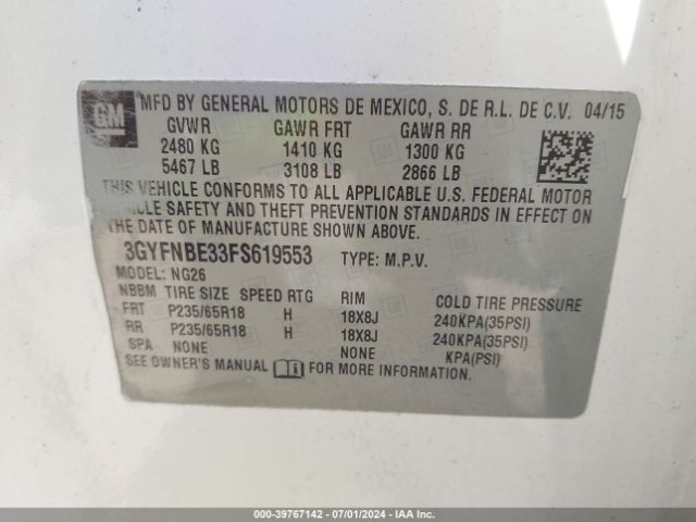 3GYFNBE33FS619553 Cadillac Srx Luxury Collection