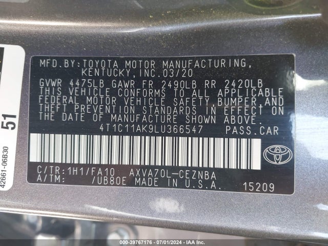 Toyota CAMRY LE 2020 4T1C11AK9LU366547 Image 9