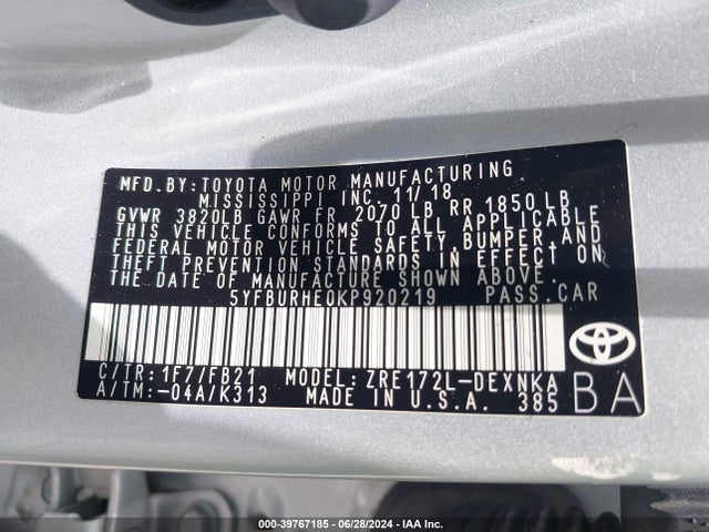 Toyota COROLLA LE 2019 5YFBURHE0KP920219 Image 9