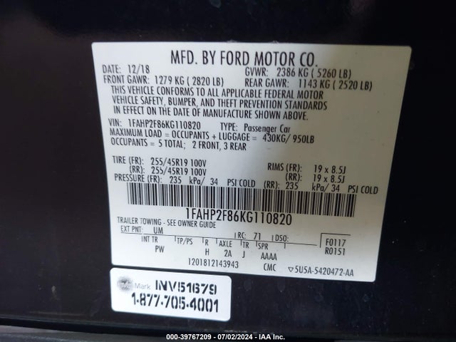 Ford Taurus Limited 2019 1FAHP2F86KG110820 Image 9