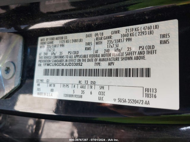 Ford ESCAPE SE 2018 1FMCU9GDXJUD33052 Image 9