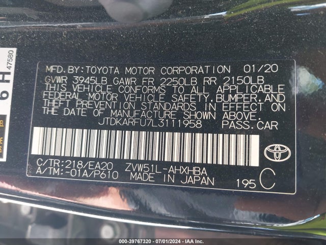 Toyota PRIUS XLE 2020 JTDKARFU7L3111958 Image 9
