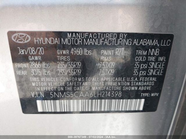 5NMS5CAA6LH214398 Hyundai Santa Fe Limited 2.0t