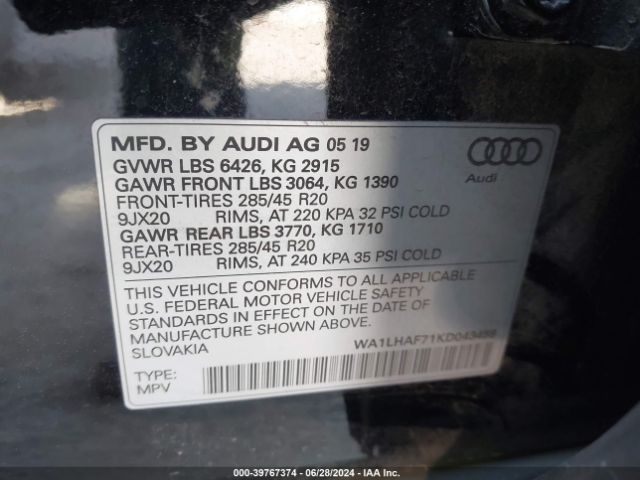 WA1LHAF71KD043459 Audi Q7 45 Premium