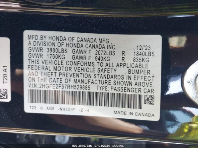 2HGFE2F57RH529885 Honda Civic Sport