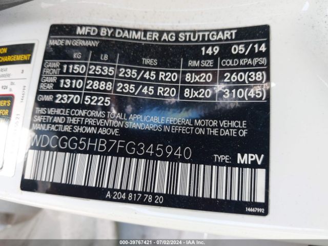 WDCGG5HB7FG345940 Mercedes-Benz GLK 350