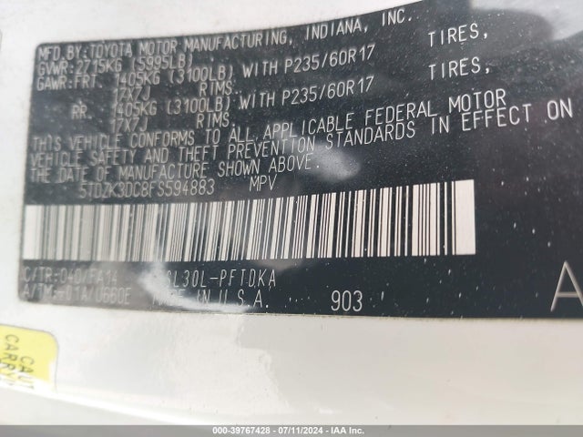 Toyota Sienna L 7 Passenger 2015 5TDZK3DC8FS594883 Image 9