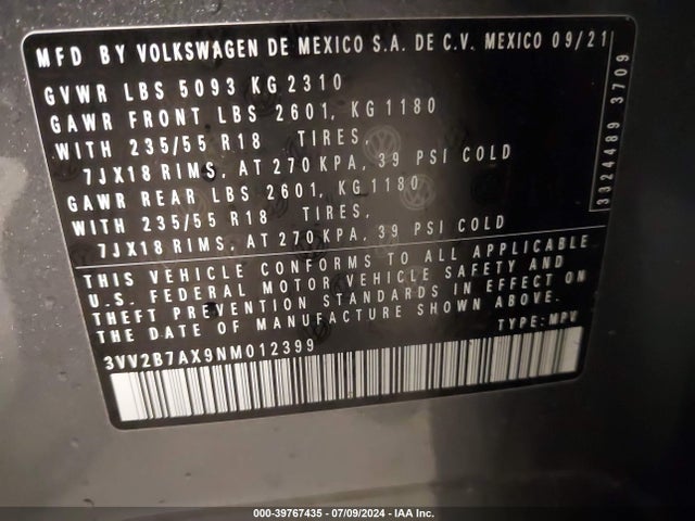 3VV2B7AX9NM012399 Volkswagen Tiguan 2.0t Se