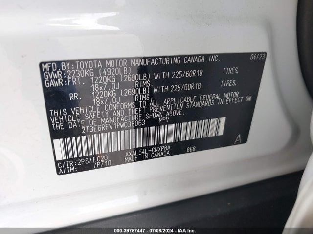 2T3E6RFV1PW038063 Toyota Rav4 Hybrid Xse