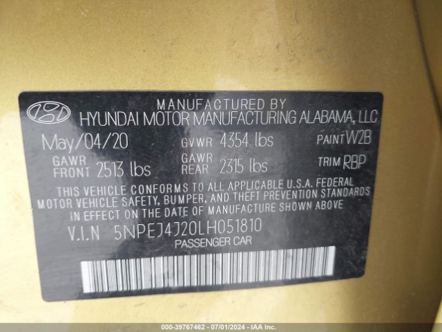 5NPEJ4J20LH051810 Hyundai Sonata Sel Plus