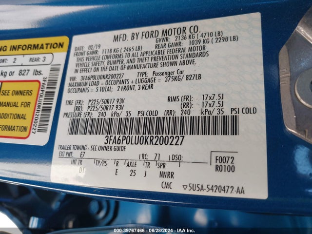 Ford Fusion Hybrid Se 2019 3FA6P0LU0KR200227 Image 9