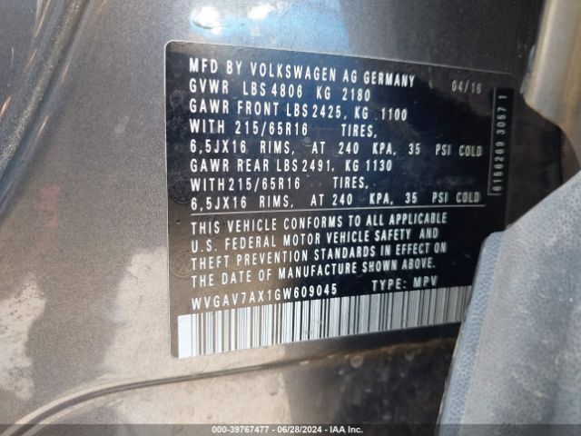 WVGAV7AX1GW609045 Volkswagen TIGUAN S