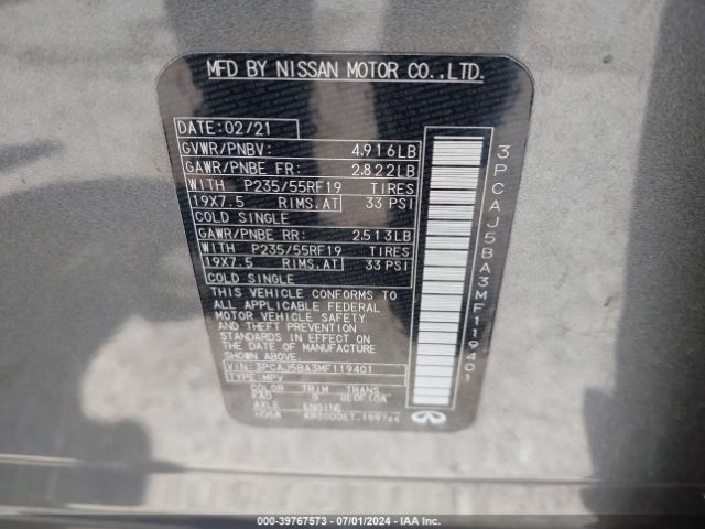 3PCAJ5BA3MF119401 Infiniti Qx50 Luxe