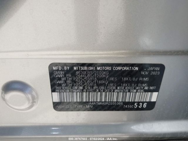 JA4ATWAA5RZ035366 Mitsubishi Eclipse Cross Se S-awc/sel S-awc