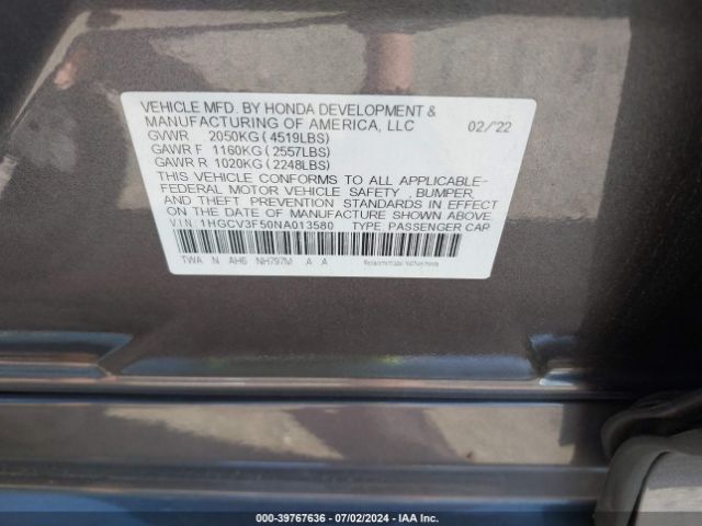 1HGCV3F50NA013580 Honda Accord Hybrid Ex-l